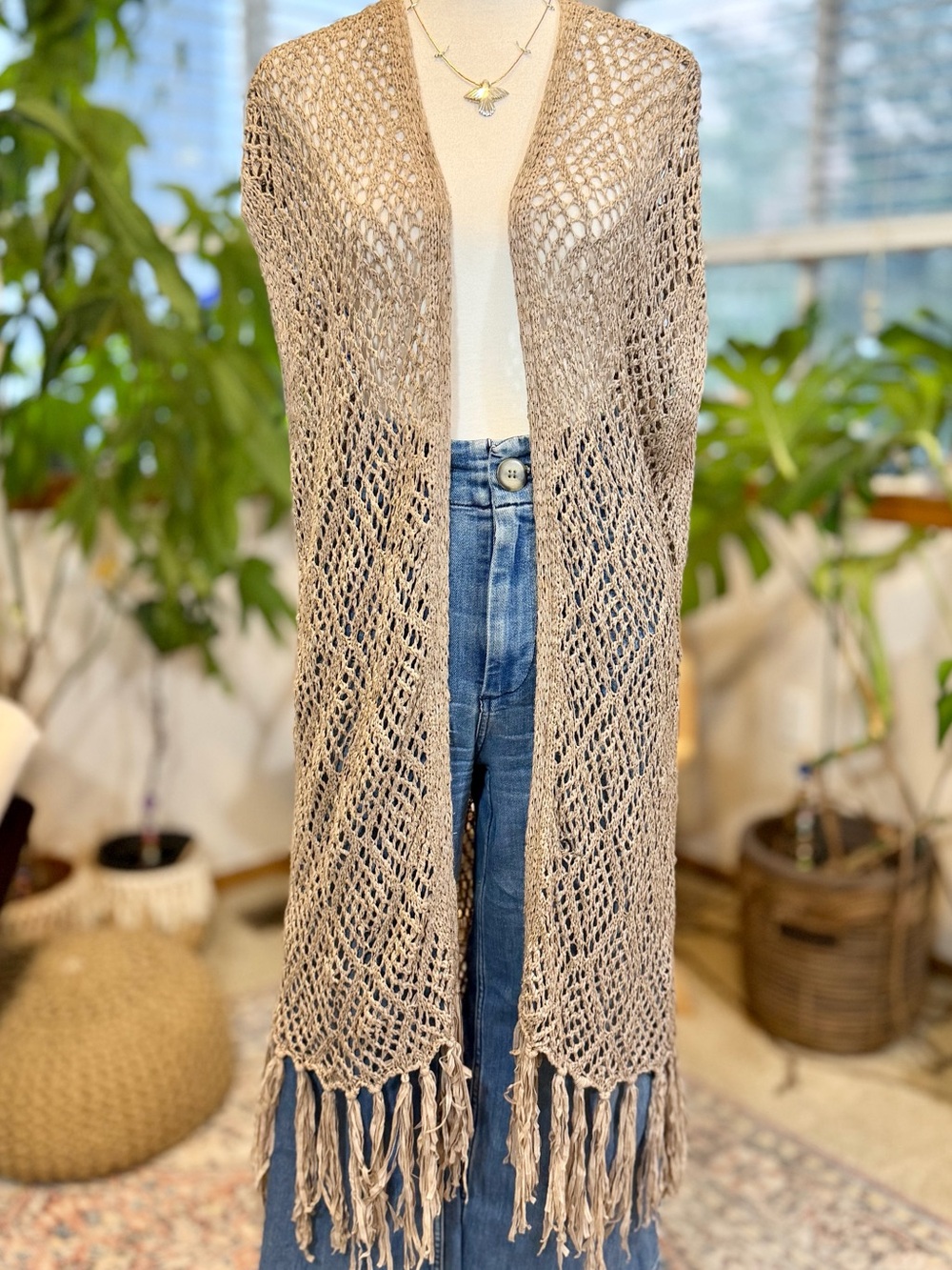 Artsy Boho Hippie Festival Vest Fringe Crochet Duster Bohemian Western Sweater M